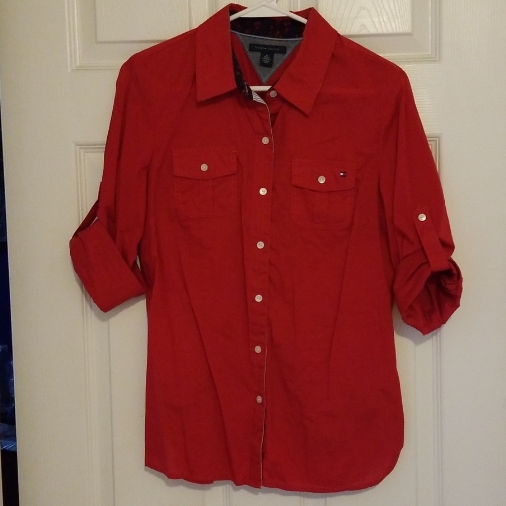 Red button up Tommy Hilfiger top.